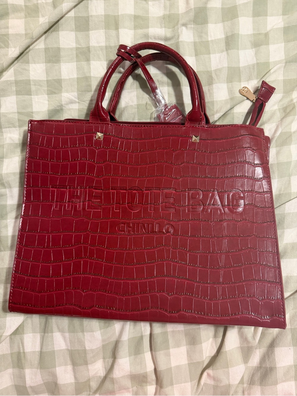 Chinilo Red Croc-Embossed Tote Bag with Top Handles
